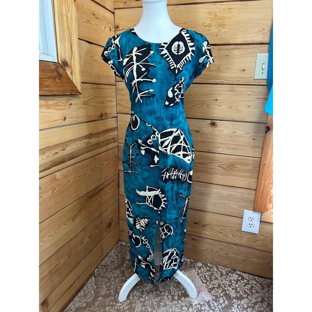 Vintage Teal Tribal Abstract Print Maxi Dress Short Sleeve Safari Column Boho